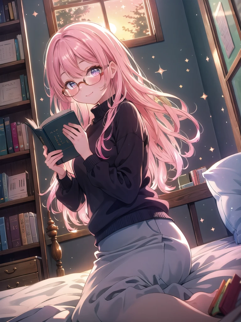 ((8k, Highest quality, masterpiece: 1.3)),Ultra-high resolution,(1 girl, alone), (Color changing eyes, Ultra-detailed, Expressive brilliance, Glitter, Glowing Eyes), Highly detailed eyes, Highly detailed face, Random Hair, ((pastel colour)),A lively young woman with pastel pink hair styled into a neat bob, sitting cross-legged on her bed in her softly lit bedroom during a golden hour evening. She is dressed in a modest yet subtly sexy librarian cosplay, wearing a pencil skirt, a fitted blouse, and stylish glasses. The camera captures her from a side angle as she grins while holding a book, her expression full of warmth and contentment. The room is warmly lit by the setting sun, with books neatly arranged on a nearby shelf, a cozy reading nook, and an inviting, intellectual atmosphere.