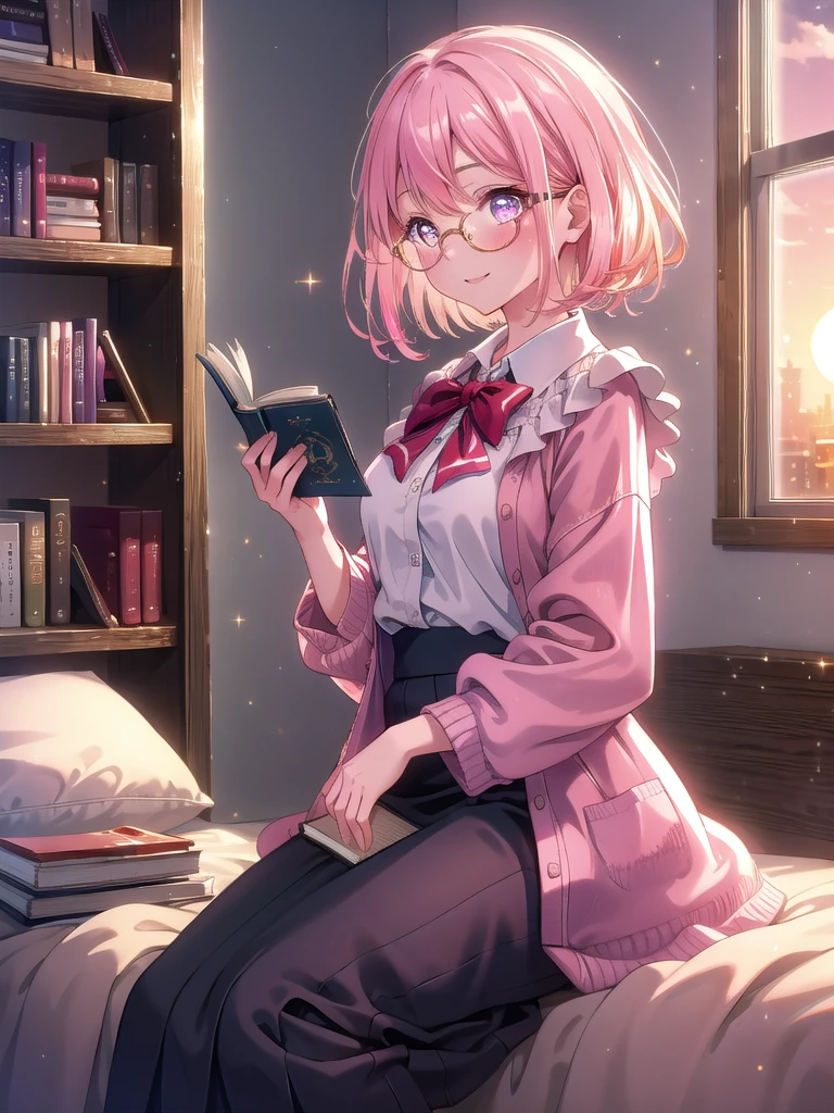 ((8k, Highest quality, masterpiece: 1.3)),Ultra-high resolution,(1 girl, alone), (Color changing eyes, Ultra-detailed, Expressive brilliance, Glitter, Glowing Eyes), Highly detailed eyes, Highly detailed face, Random Hair, ((pastel colour)),A lively young woman with pastel pink hair styled into a neat bob, sitting cross-legged on her bed in her softly lit bedroom during a golden hour evening. She is dressed in a modest yet subtly sexy librarian cosplay, wearing a pencil skirt, a fitted blouse, and stylish glasses. The camera captures her from a side angle as she grins while holding a book, her expression full of warmth and contentment. The room is warmly lit by the setting sun, with books neatly arranged on a nearby shelf, a cozy reading nook, and an inviting, intellectual atmosphere.