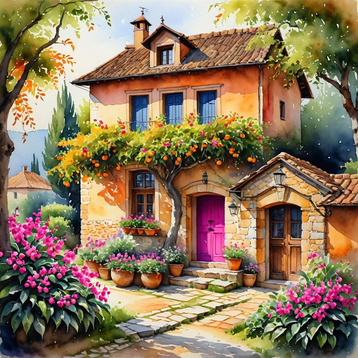 Watercolor painting (work of art) watercolor drawing of village stone house in the midle of forst, Huge Clementine tree near the house, tree shade, long path between flower pots,  fuchsia flower, forst, summer flower, brown wooden door, dramatic lighting, Vibrant, comely, pictorial, detailded, textural, artistic, cinematic lighting