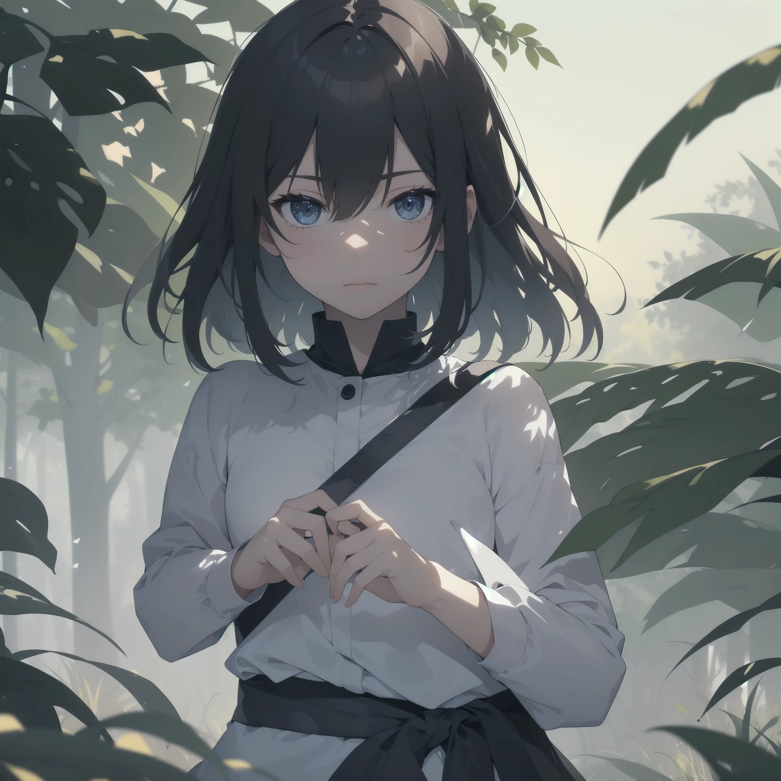 ultra-absurdres-Top quality by artist God, ultra-detailed, high resolution, anime moe artstyle, best anime 8k konachan wallpaper, pixiv contest winner, pool:2810, perfect anatomy,break, 1girl, ninja, (Please draw a ninja girl walking sleepily to forest alone. )break,(Solo,little female, 10-year-old:1.3),Full limbs, complete fingers,(very short hair), short cut, flat chest, thighs, small butt, small black eyes, beautiful detailed eyes, well-proportioned iris and pupils, expressive eyes, highres detailed hair, expressionless,ninja clothes, bare arms, sleeveless short kimono, short shorts, scarf, (Detailed Lighting), (Detailed background), night, in the forest. break,super detailed skin, Best cinematic lighting powered by famous artist, 8k,beauty illustration,photoshop_(medium),very aesthetic,break,((artist:creayus )), artist:clamp ,artist:carnelian ,artist:kantoku ,