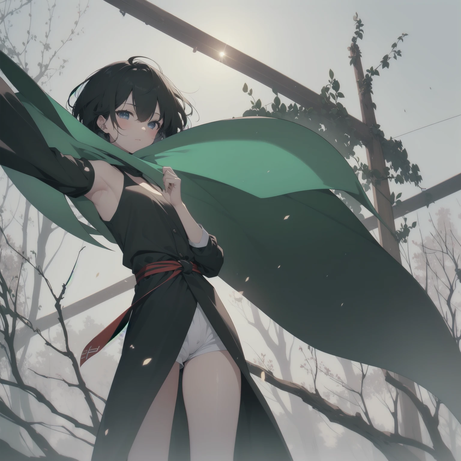ultra-absurdres-Top quality by artist God, ultra-detailed, high resolution, anime moe artstyle, best anime 8k konachan wallpaper, pixiv contest winner, pool:2810, perfect anatomy,break, 1girl, ninja, (Please draw a ninja girl walking sleepily to forest alone. )break,(Solo,little female, 10-year-old:1.3),Full limbs, complete fingers,(very short hair), short cut, flat chest, thighs, small butt, small black eyes, beautiful detailed eyes, well-proportioned iris and pupils, expressive eyes, highres detailed hair, expressionless,ninja clothes, bare arms, sleeveless short kimono, short shorts, scarf, (Detailed Lighting), (Detailed background), night, in the forest. break,super detailed skin, Best cinematic lighting powered by famous artist, 8k,beauty illustration,photoshop_(medium),very aesthetic,break,((artist:creayus )), artist:clamp ,artist:carnelian ,artist:kantoku ,