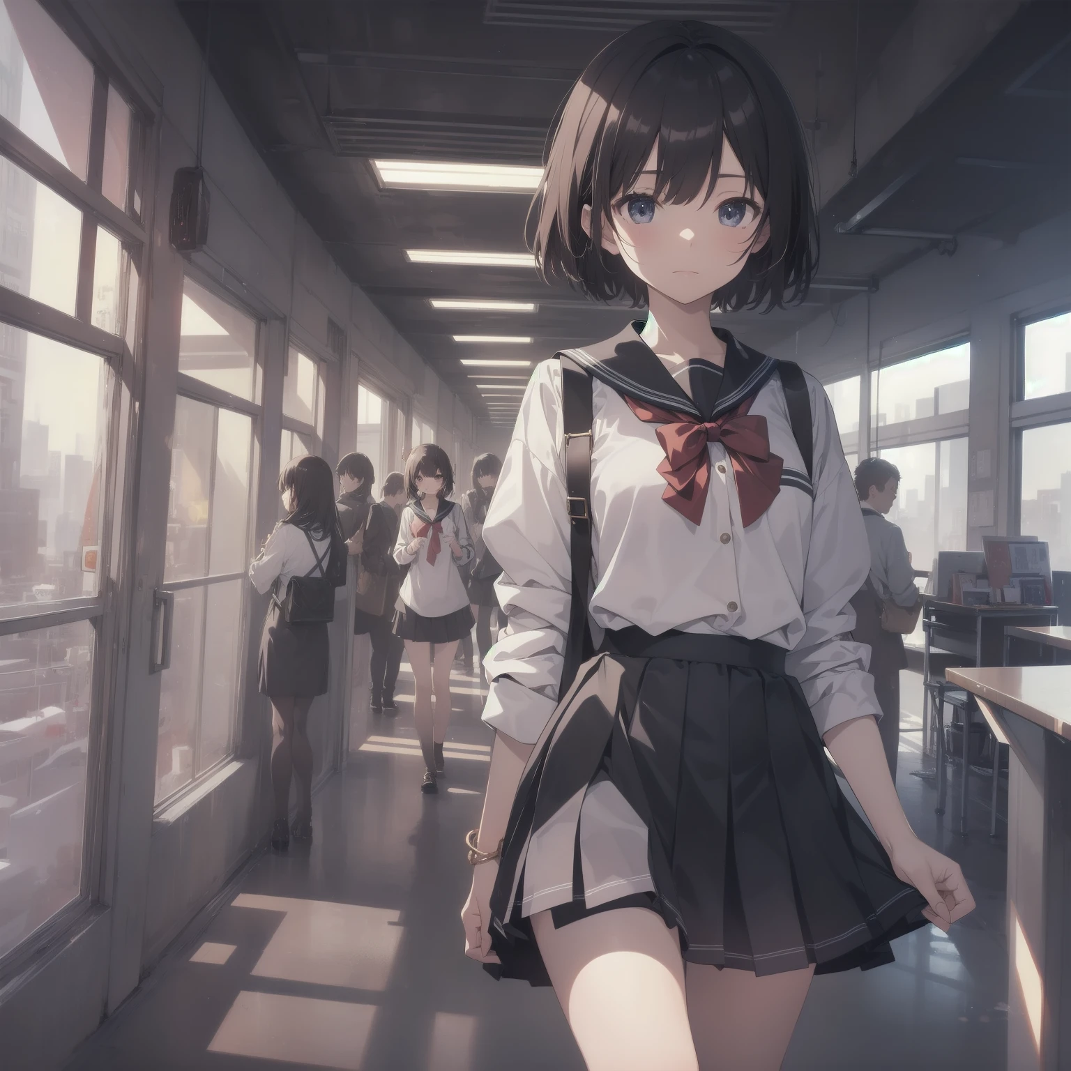 ultra-absurdres-Top quality by artist God, ultra-detailed, high resolution, anime moe artstyle, best anime 8k konachan wallpaper, pixiv contest winner, pool:2810, perfect anatomy,break, 1girl, (Please draw a girl walking sleepily to school alone. )break,(Solo,little female, 13-year-old:1.3),Full limbs, complete fingers,a junior high school student, (very short hair), short cut, flat chest, , small butt, small black eyes, beautiful detailed eyes, well-proportioned iris and pupils, expressive eyes, highres detailed hair, soft expression, salor school_uniform, sailor collar, serahuku, bow, pleated skirt,(Detailed Lighting), (Detailed background), in the School commute route. break,super detailed skin, Best cinematic lighting powered by famous artist, 8k,beauty illustration,photoshop_(medium),very aesthetic,break,((artist:creayus )), artist:clamp ,artist:carnelian ,artist:kantoku ,