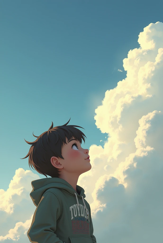 A boy is wearing hoodie and looking to cloudy sky