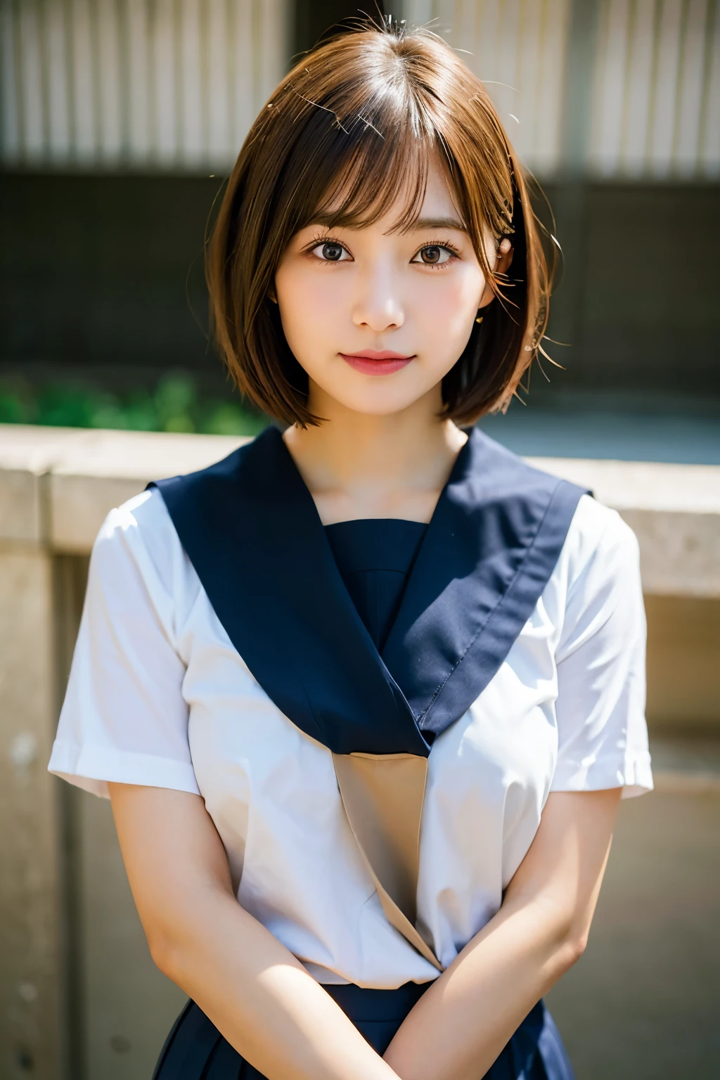 Highest quality, Face Focus, Soft Light, Ultra-high resolution, (Realistic:1.4), RAW Photos, 1 Japan, alone, cute, (A shy smile:0.5), (Brown eyes, Light in your eyes), Beautiful face in every detail, (Small box),(High resolution detail of human skin texture), (Short Bob Hair), break, In the classroom,Navy uniform, Best, skirt