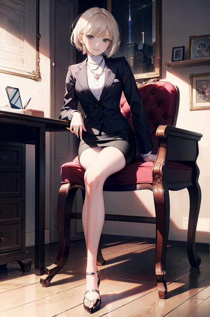 (masterpiece), 4K,woman,I have a pen,Female doctor in long sleeves,Small breasts,Small Ass,Bobcut,Light bulb lighting,Realistic, skinny, Amis Stockings,smile,Sit in a luxurious chair,((Knee-length pencil skirt)),