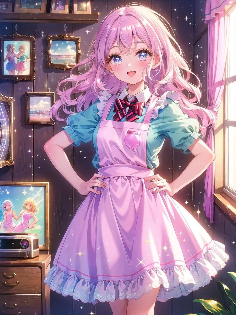 ((8k, Highest quality, masterpiece: 1.3)),Ultra-high resolution,(1 girl, alone), (Color changing eyes, Ultra-detailed, Expressive brilliance, Glitter, Glowing Eyes), Highly detailed eyes, Highly detailed face, Random Hair, ((pastel colour)),A joyful young woman with pastel lavender hair styled into loose waves, standing near her closet in her brightly lit bedroom during a sunny morning. She is dressed in a sweet yet subtly sexy retro diner waitress cosplay, wearing a pastel-colored dress with a white apron and a small name tag pinned to her chest. The camera captures her from a slightly elevated angle as she strikes a playful pose with one hand on her hip, her expression full of cheerfulness and fun. The room is bathed in natural sunlight, with a few vintage posters on the wall, a small jukebox on a table, and a nostalgic, lively atmosphere.