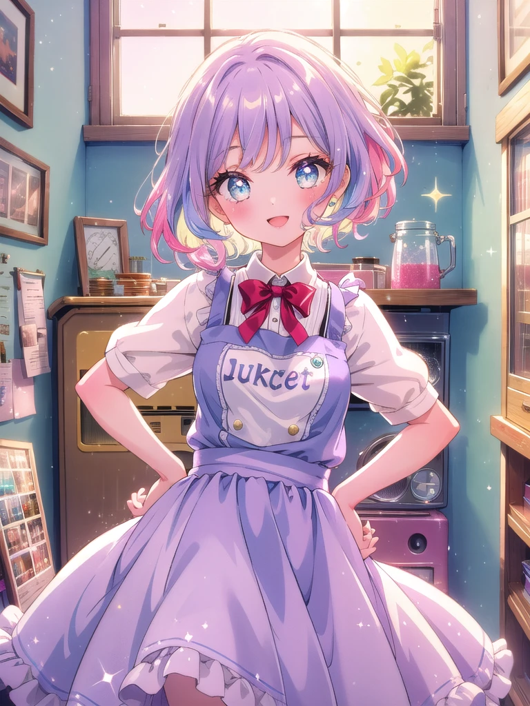 ((8k, Highest quality, masterpiece: 1.3)),Ultra-high resolution,(1 girl, alone), (Color changing eyes, Ultra-detailed, Expressive brilliance, Glitter, Glowing Eyes), Highly detailed eyes, Highly detailed face, Random Hair, ((pastel colour)),A joyful young woman with pastel lavender hair styled into loose waves, standing near her closet in her brightly lit bedroom during a sunny morning. She is dressed in a sweet yet subtly sexy retro diner waitress cosplay, wearing a pastel-colored dress with a white apron and a small name tag pinned to her chest. The camera captures her from a slightly elevated angle as she strikes a playful pose with one hand on her hip, her expression full of cheerfulness and fun. The room is bathed in natural sunlight, with a few vintage posters on the wall, a small jukebox on a table, and a nostalgic, lively atmosphere.