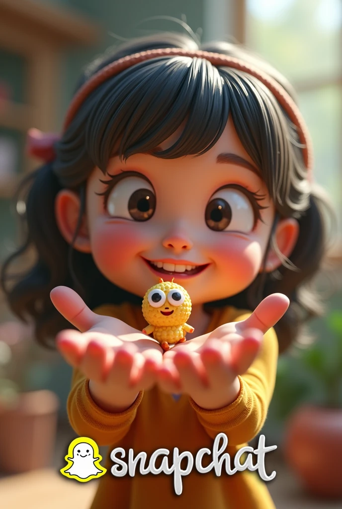(2) - Girls " 3D caricature of a girl, key chain in the palm of the hand. High-quality realistic photo, and there is the name "Creative mind" in 3D letter style, embossed and realistic, in black yellow, indium white and black, below the Snapchat logo