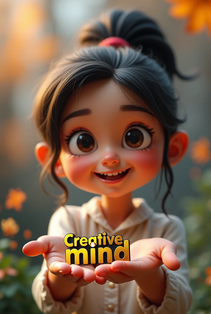 (2) - Girls " 3D caricature of a girl, key chain in the palm of the hand. High-quality realistic photo, and there is the name "Creative mind" in 3D letter style, embossed and realistic, in black yellow, indium white and black, below the Snapchat logo