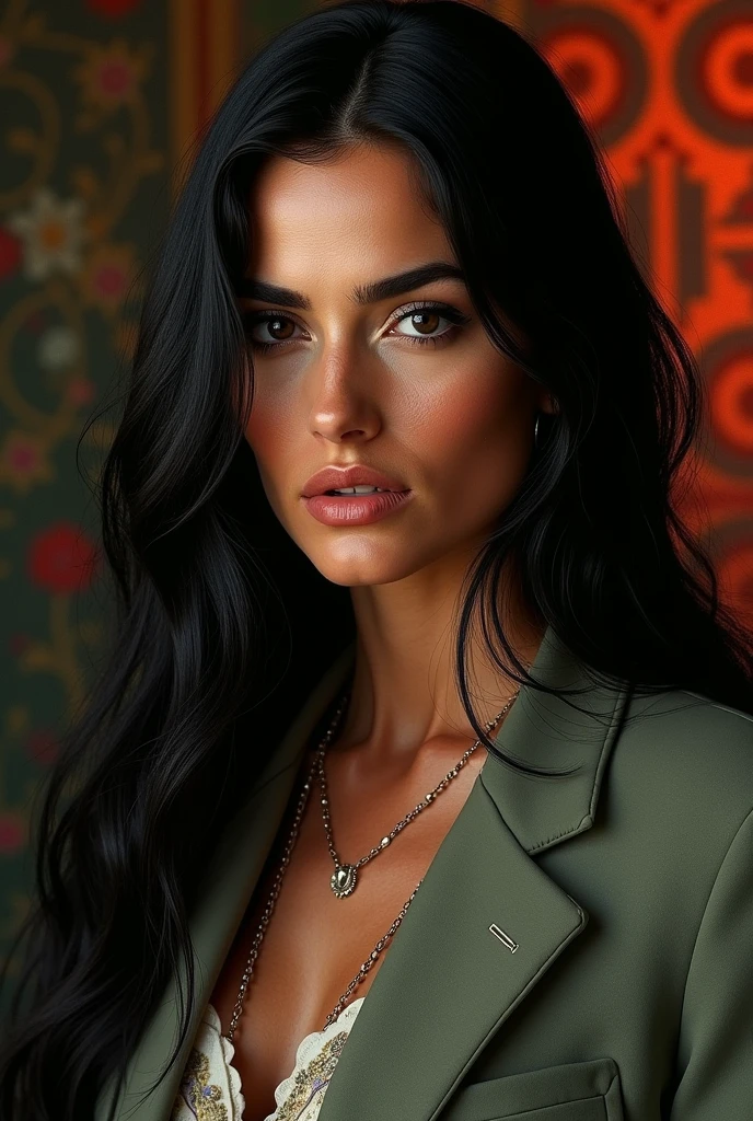 Hyperrealist portrait of Monica Bellucci by David Hockney and Alphonse Mucha, Fantasy art, Photorealistic, Dynamic Lighting, Art Station, Poster, Volumetric lighting, Highly detailed face, 4k yen, Awards,, One girl, In the Dark, Deep Shadow, Modest,Cowboy Shot, (Official attire:1.4) ,Long Hair, Black Hair