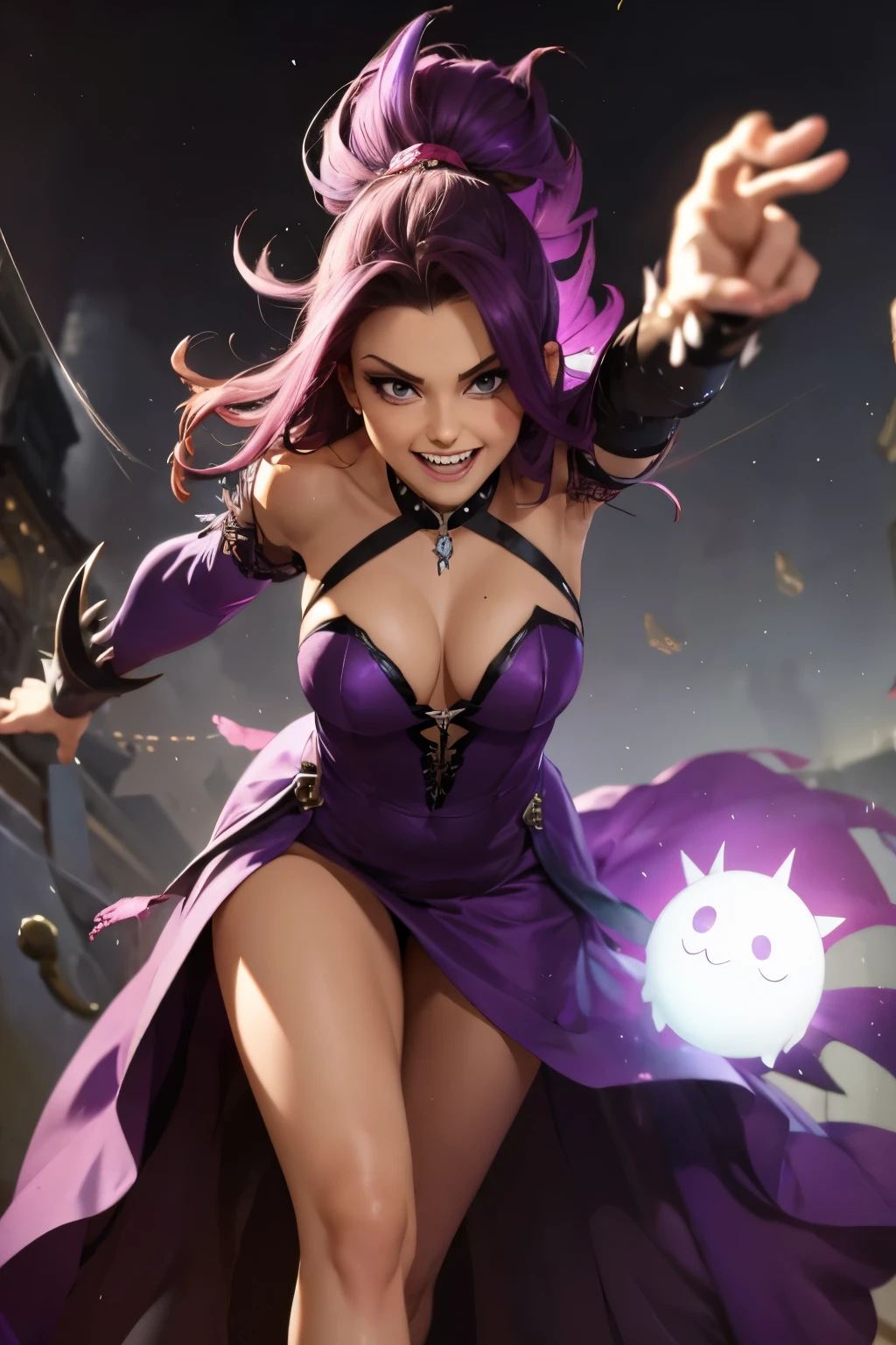 Ghost, (monster girl), purple skin, spikes, spiky purple hair, a fanged grin, floating hands, dressed in a dark-purple dress, floating in midair, masterpiece, best quality