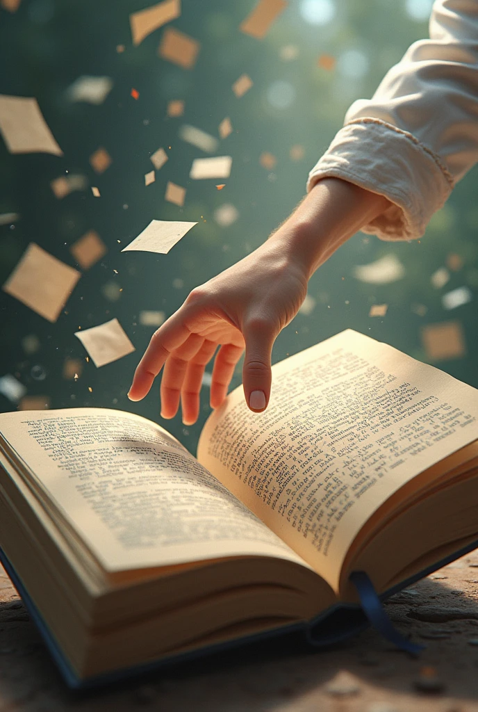 Image of an open book, with several pages flying around, all containing loose and free words, without chains or restrictions. No fundo, a hand extended towards the book, symbolizing the fight for freedom of expression and the dissemination of knowledge through words.