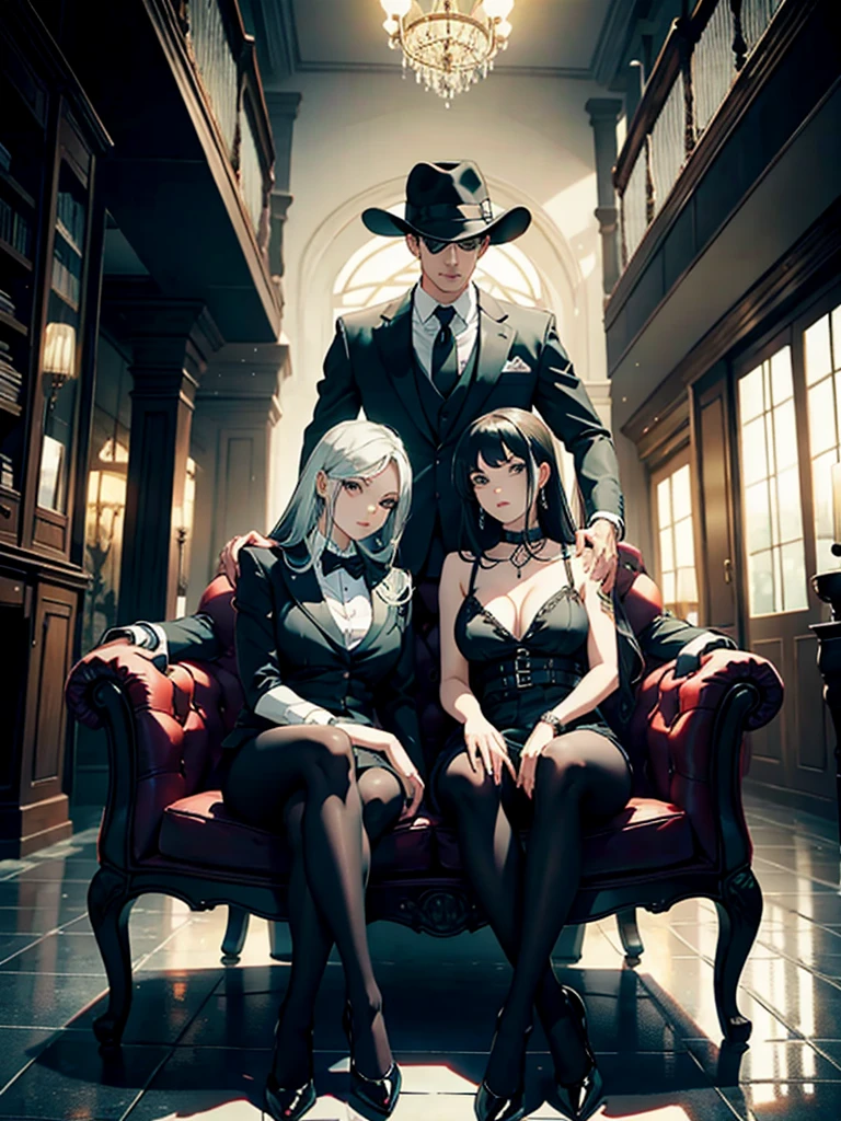 Mafia gang, sitting on chairs, holding girls, sitting and posing.