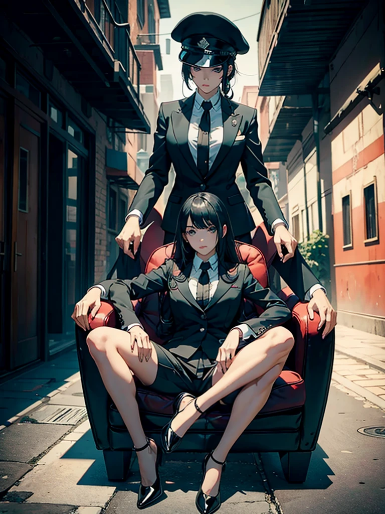 Mafia gang, sitting on chairs, holding girls, sitting and posing.