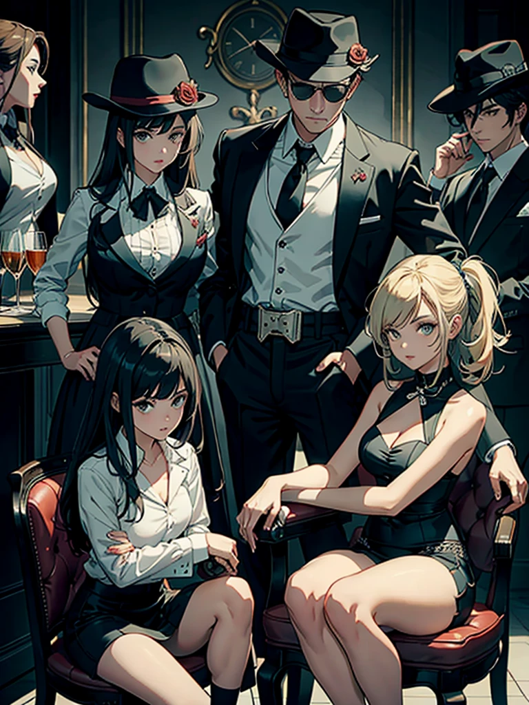 Mafia gang, sitting on chairs, holding girls, sitting and posing.