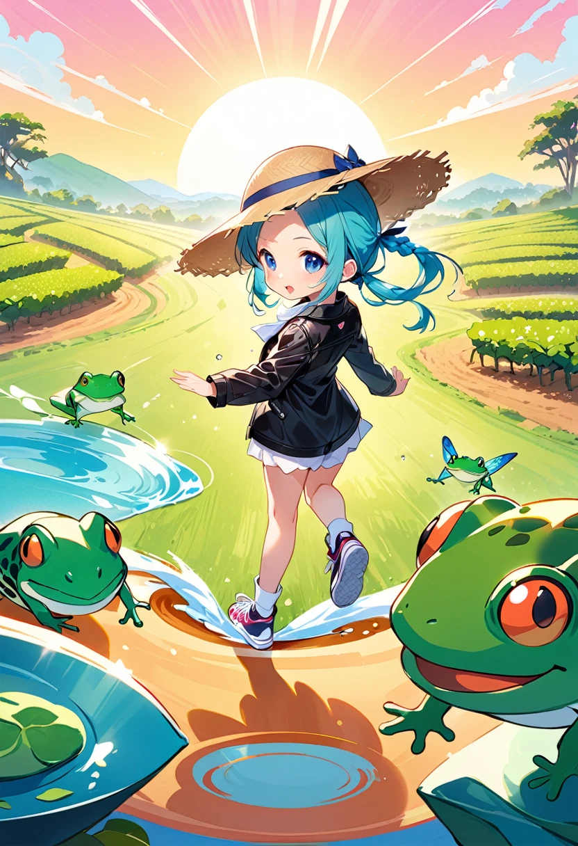 Highest quality、High resolution、Detailed Background、Beautiful face in every detail、Anatomically correct、Detailed facial expressions、fine grain、Movie Posters、((full body, from above:1.2, back shot, looking away:1.2)), break ((One Girl:1.2)、((Chibi Girl:1.2)))、Bright pretty hair color、Big beautiful blue eyes、Fuller lips、Pink Lips、Braided twintails、Ahoge、(Tea picking experience:1.2)、(Cute black leather jacket、Cute workwear、Cute sneakers、Straw hat、Put a hand towel around your neck)、break ((茶畑でTea picking experienceしている:1.2、Sweat on the forehead))、((The background is a tranquil early summer tea plantation、Intense sunlight))、(The frog is jumping:1.2、Grasshopper jumping:1.2)