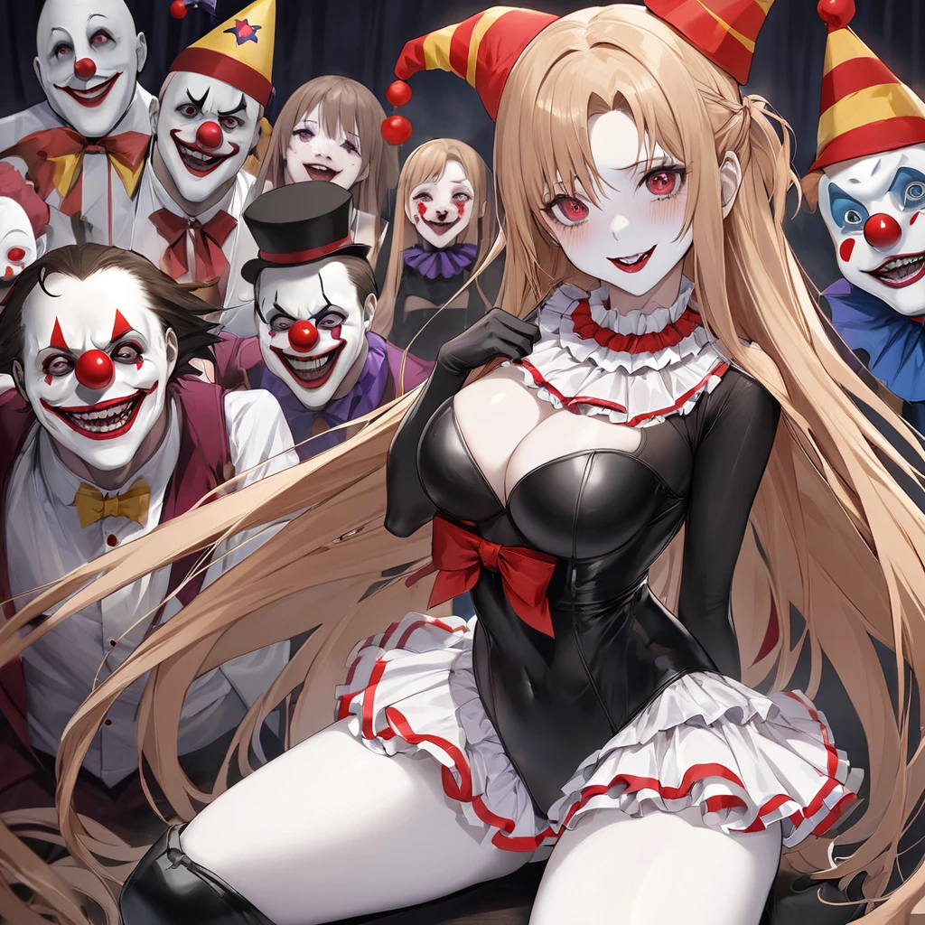 ((Highest quality)), ((masterpiece)), (detailed), (Perfect Face)、((The woman is Yuuki Asuna, with light brown, medium-long hair, pure white skin, and a creepy clown mask.))、The woman is an evil clown wearing a risqué black rubber V-neck leotard outfit, long black rubber boots, long black rubber gloves, lots of frills and clown decorations, a clown collar, a clown jester hat, a swallowtail skirt, and creepy clown makeup on her face and a red nose.、The woman is a creepy, evil, lewd clown who is a minion of an evil organization.、An evil circus troupe is gathering