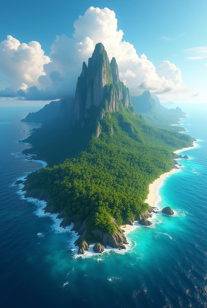 Generate an aerial image of a lush island surrounded by ocean。 
・Large clouds are floating above the ground. ・The entire island is visible.