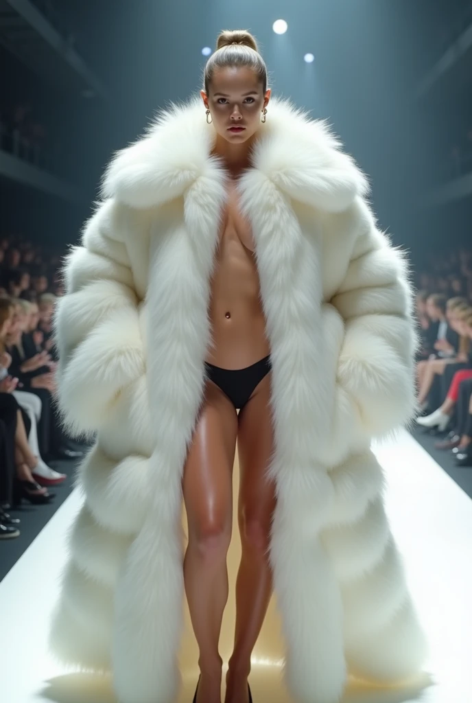 Very wide、Very thick, white mink fur coat, Thickness 100 cm, fluffy, Thick white mink fur collar, 3 floors、(Fur fashion show)、naked、Nordic beauties、High ponytail、(Big Breasts 2.5)、naked、(Squat down and spread your legs)