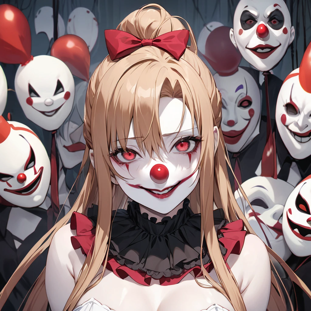 ((Highest quality)), ((masterpiece)), (detailed), (Perfect Face)、((The woman is Yuuki Asuna, with light brown, medium-long hair, pure white skin, and a creepy clown mask.))、Woman is a creepy and evil clown with makeup on her face and a red nose、The woman is a creepy, evil, lewd clown who is a minion of an evil organization.