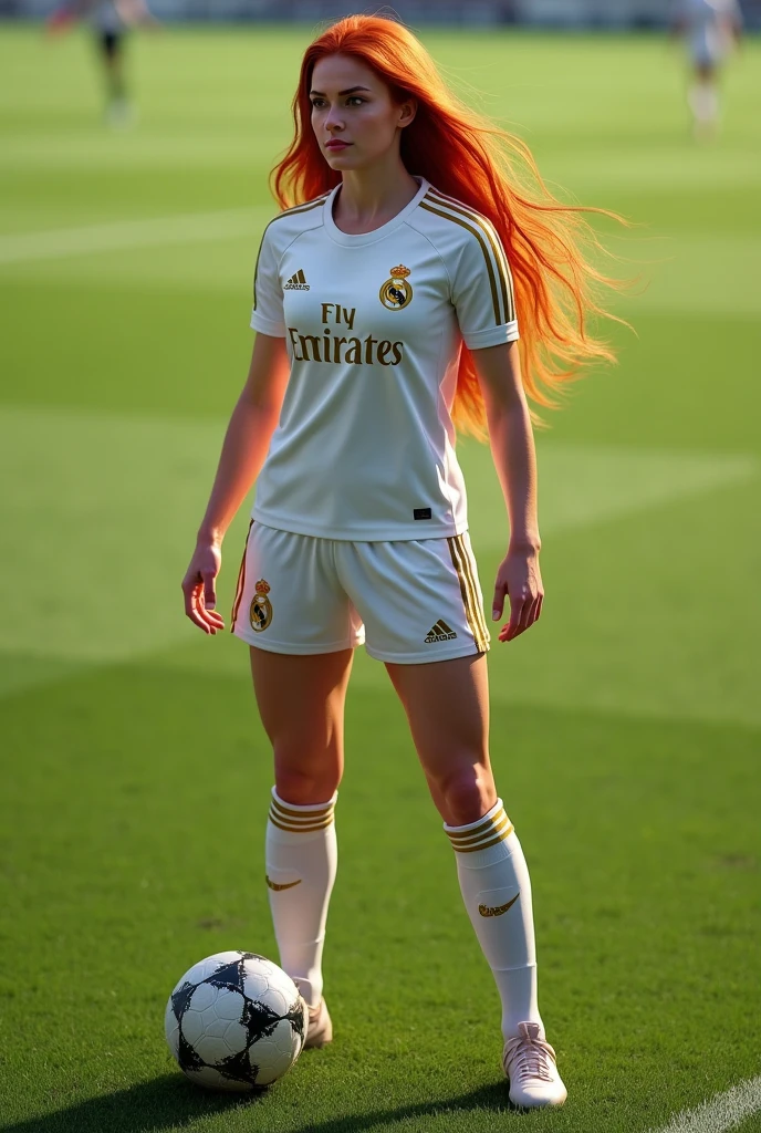 Real Madrid female football player. redhead long hair, elegant smile, Latin face Thick legs