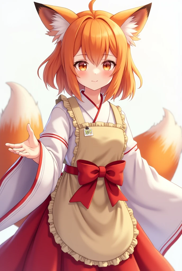 Draw me a beautiful girl with fox ears and a tail with orange hair, dressed in a white kemano with red stripes along the sleeves with a red long skirt and a beige apron on top of all the clothes, the apron belt envelops her neck and it should be on top of the skirt and on the belt there is a large red bow. and with a smile extends his hand to you 