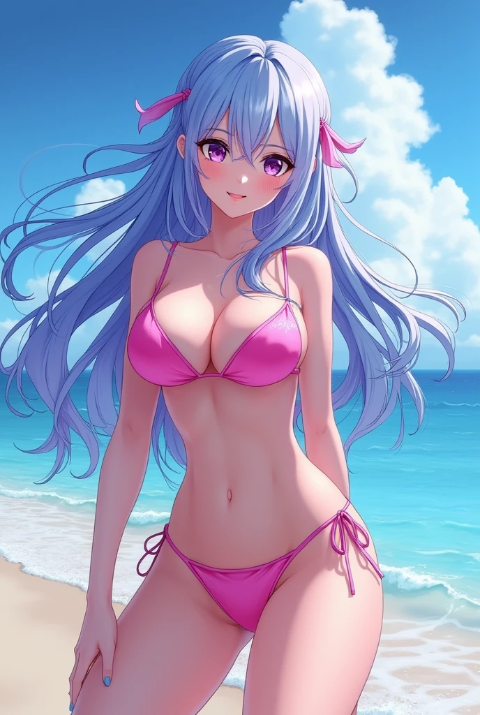 (Sky blue hair),(Braided hair tied together)、Pink eyes、Fair skin、(whole body)、(One Girl)、bikini、Shining white sand beach in midsummer、Okinawa's ocean、A happy smile、、(masterpiece、Highest quality、Very detailed、Best Shadow)、(Detailed Background)、(Beautifully detailed face)、High contrast、(Best lighting、Very delicate and beautiful)、((Cinematic Light))、colorful、Hyper Detail、Dramatic Light、Exquisite detail、Jumping and having fun