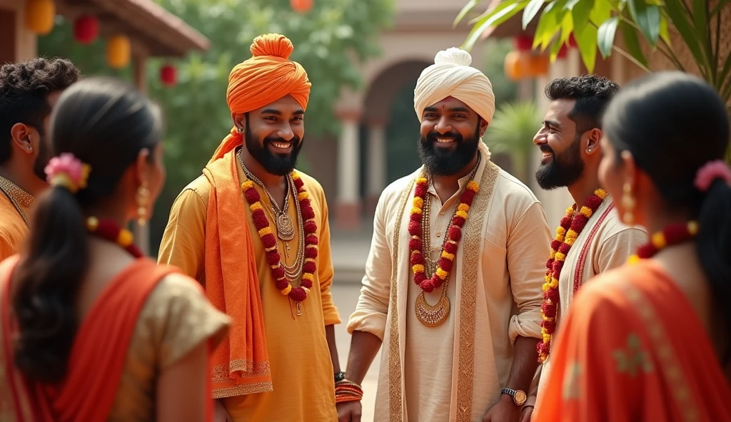 Hindu charming men talking to a group of wiman with a smile