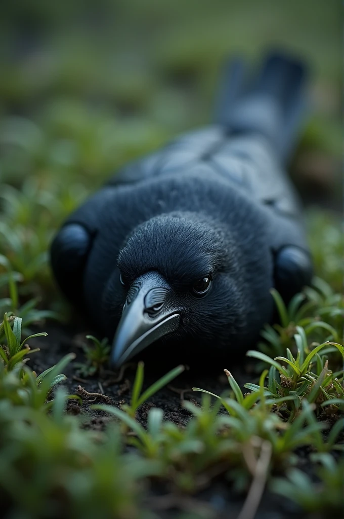Realistic dead crow, head shot angle, laying in a flattened grass patch