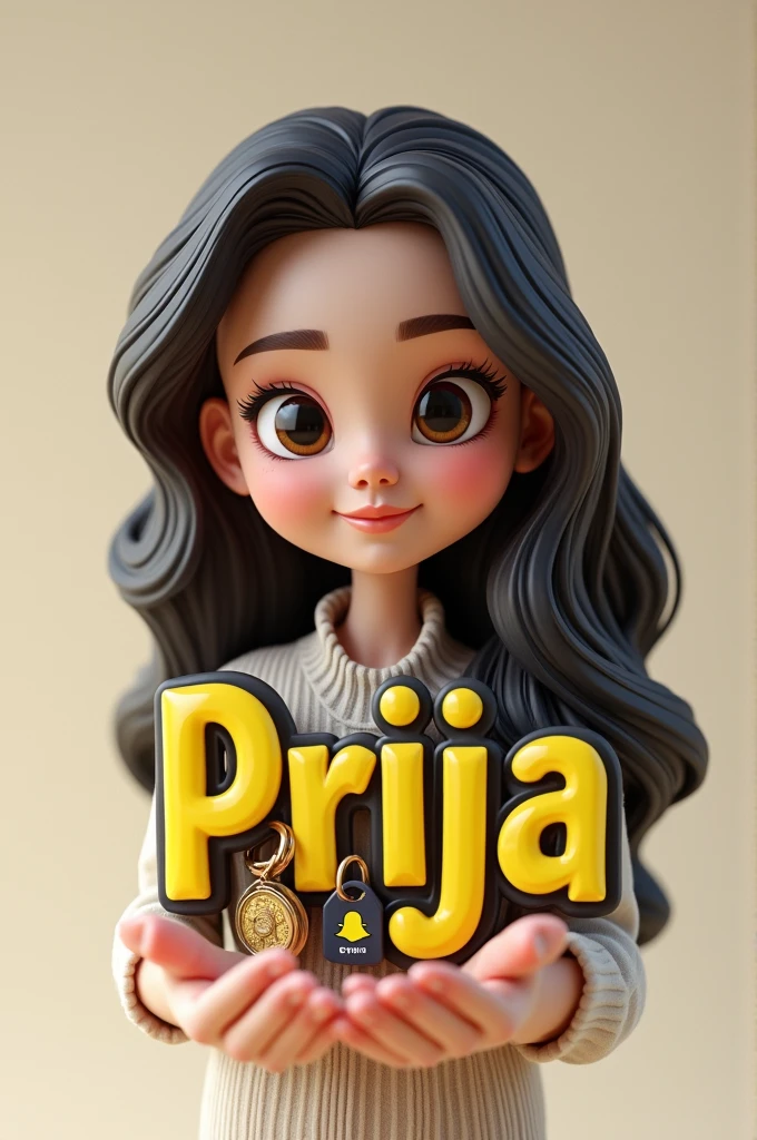 (2) - Girls " 3D caricature of a girl, key chain in the palm of the hand. High-quality realistic photo, and there is the name "priya " in 3D letter style, embossed and realistic, in black yellow, indium white and black, below the Snapchat logo