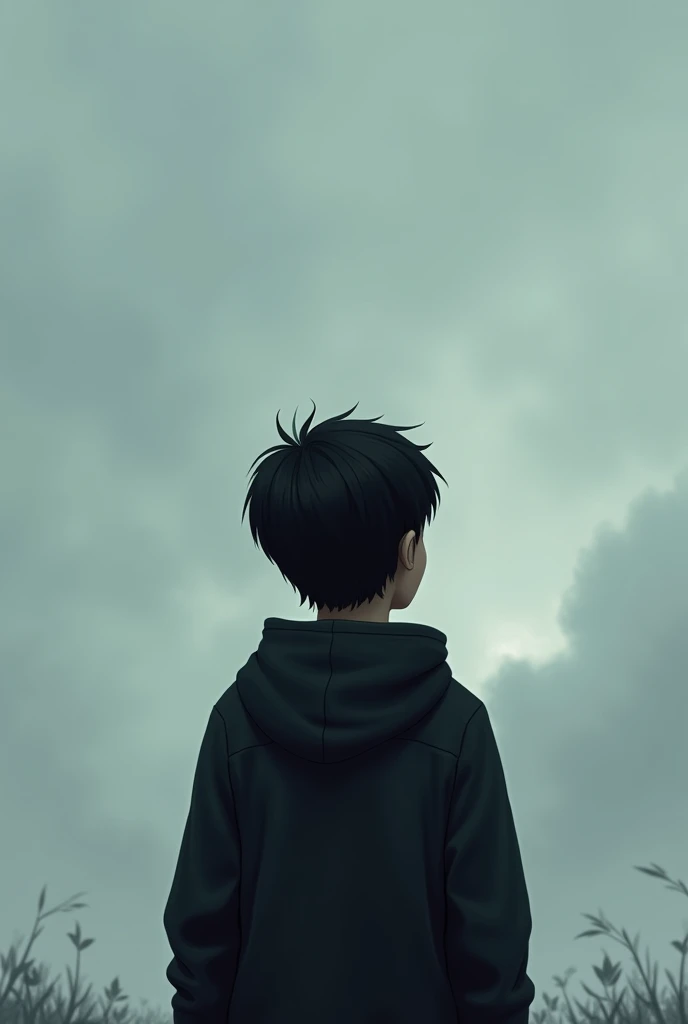 A boy is wearing black  hoodie and looking to cloudy sky the boy showed only back side
