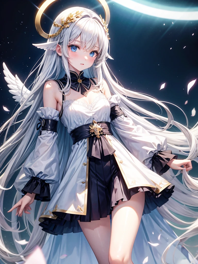 constitution : Air est une jeune ange d'une beauté éthérée, Delicate facial features,Small Breasts,Blue eyes seem to reflect the light of the sky. Her skin is fair and flawless, Almost translucent, As if lit from within. Her hair is blonde, Silky and long, Gently outline her face. She has a graceful figure、Elegant and noble appearance。, Use light, An almost floating gait, As if she always gets along with the celestial currents around her. His angel wings, White and transparent, When she exercises,Behind her, majestically unfolding, Adds to her angelic temperament. trendy style : Air'The clothing style is both fashionable and practical, Reflects her status as a gifted student of magic. She often wears soft, light dresses, Bright hues, Like sky blue or silver, Highlighting her glowing skin and blonde hair. Her favorite clothes are long ones, floating dress, Decorated with a subtle pattern inspired by constellations and stars. Wide and transparent sleeves, Reminiscent of the texture of its wings. Air also wears delicate accessories, Such as the exquisite bracelets inlaid with gemstones that sparkle like stars.. Complete your look, She often wears light sandals decorated with gold and silver patterns. Her hair is usually down, Floating around her, Sometimes secured with a simple hairpin decorated with small stars. When she is preparing for magic lessons or important exams, Air revêt une cape blanche ornée de broderies argentées, Symbolizes connection with celestial energy. The cape gave him a majestic and mysterious aura.,He impressed his classmates and teachers.。. in short, Air'Style is both charming and elegant, Capturing the Essence of Angel Heritage,Reflection,Holding a weapon,saber