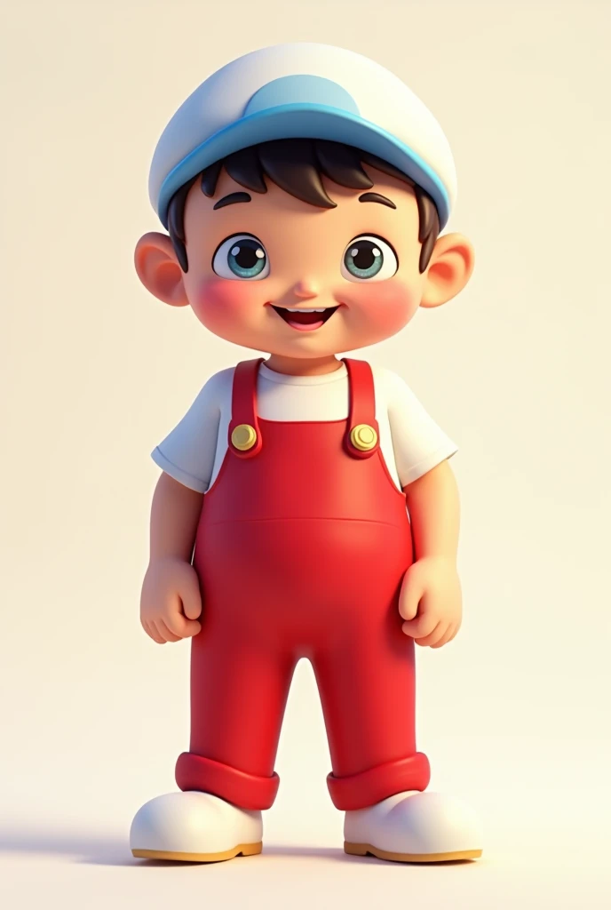 A full body mascot, wearing red overalls with suspenders and a white cap with a blue brim. long face with nothing on the cap arrange it like this cap with nothing on it