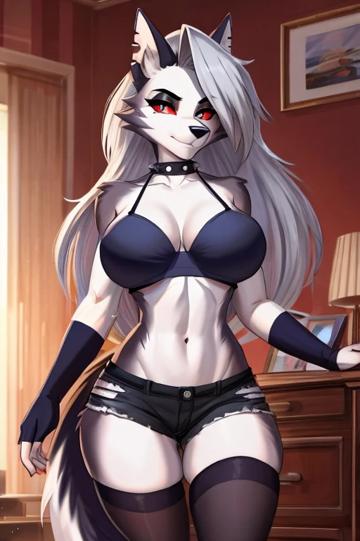 Art helluva boss,furry Masculine,feminine body,sexy body,Big thighs,Loona Hellhound Short Shirt,Extremely large breasts,husky,black and white fur color,beauty,Loona Hellhound Hair,Red eyes,Blushed,Arm warmers,Penis inside clothes,Virility in clothes,Loona Hellhound Shorts,sexy long socks,Facing,Taking off the bra, Apartment cartoon scenery.