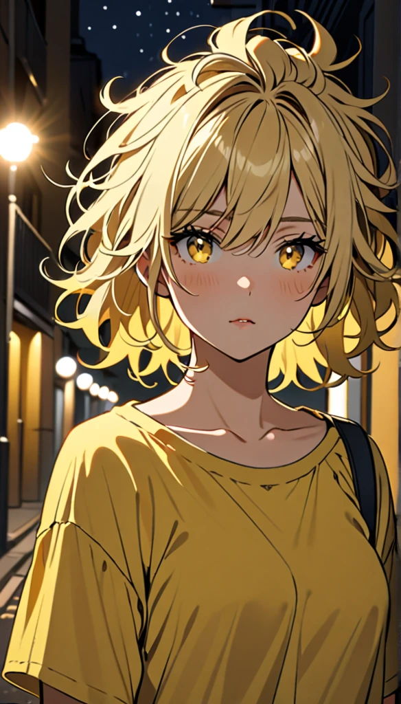 Beautiful and blond, messy styled hair, yellow shirt, night, late night walk 