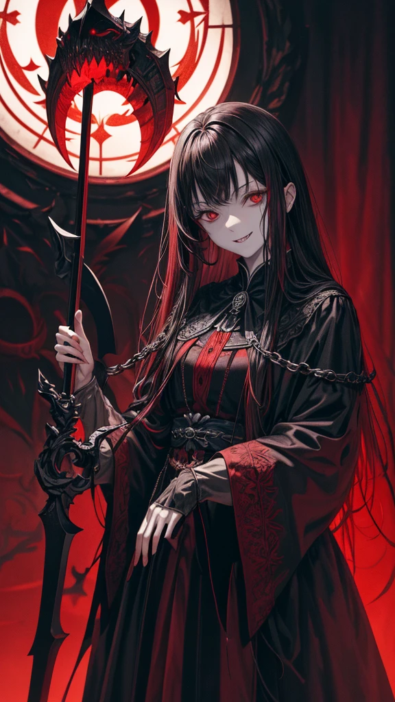 .(Highest quality,4K,High resolution,masterpiece:1.2),Very detailed,Realistic:1.37,Spooky altar background,Dark fantasy,Red color scheme,Ominous atmosphere,Eye-catching,Storytelling,anatomy,Anime Style,Concept Art,beautiful細部までこだわった顔と (((Red eyes ))),A terrifying ritual ,Satanic Ritual,Premature death,inappropriate behavior,クレイジーなsmile,Scythe Face,Girl Monster, beautiful, Delicate facial features, Sharp Eye, Sharp Fangs, pale skin, Thick chain, Dark Background, Cinema Lighting, Dramatic Shadows, Gothic style, Gloomy atmosphere, Dark fantasy, one person&#39;s, Please open your mouth wide, Open your mouth and baring your teeth,Sharp teeth like a beast, Wide lips, very wide mouth, Vermilion cheeks, ,(Blood splatter:1.4),Scary smile, smile,Angel Design, Twisted smile、Bloody、bleeding from the head,,,,,、Blood splatter、,(Blood splatter:1.4),skull,Horror Style, ((Fantasy Sweet Frilly Pink Costume)), ((flowing blonde hair)), ,(Blood splatter:1.4),Female curves, Sexy flat stomach, Perfect hands, Perfect anime face, (Pink tadress)), Are standing, ((邪悪なsmile)), ,(Blood splatter:1.4), Steam circulates, Moonlight Illumination, night lighting, (Blood splatter:1.6),アニメAngel Design, Twisted smile、Bloody、bleeding from the head,,,,,、Blood splatter、,(Blood splatter:1.4), skull,Gothic architecture、Western architecture、Fantasy World、,Victorian cities, Skeleton Gas Light,Absurd, High resolution、 ((Tabletop)), ((Highest quality)), (Very detailedな), ((Very detailed)), (beautiful), ((cute)), (NFSW:1.8), alone,(10 years old:1.6)、(world&#39;The most terrifying and creepy demon girl:1.5)beautiful face、Whole Body Ezbian、pale, Beautiful Skin、beautiful金の髪、Smiling Kindly、Dark building ruins、(snow white&#39;Frill dress:1.3)、(The dark ruins are stained with blood:1.3)、Low angle full body shot、(少女は血の海の中にAre standing:1.5)、(The ground is full of blood:1.3)、(The girl lost a lot of blood...:1.3)、(クレイジーなsmile:1.6)、Spirits、(Blood dripping from the mouth:1.3)、
