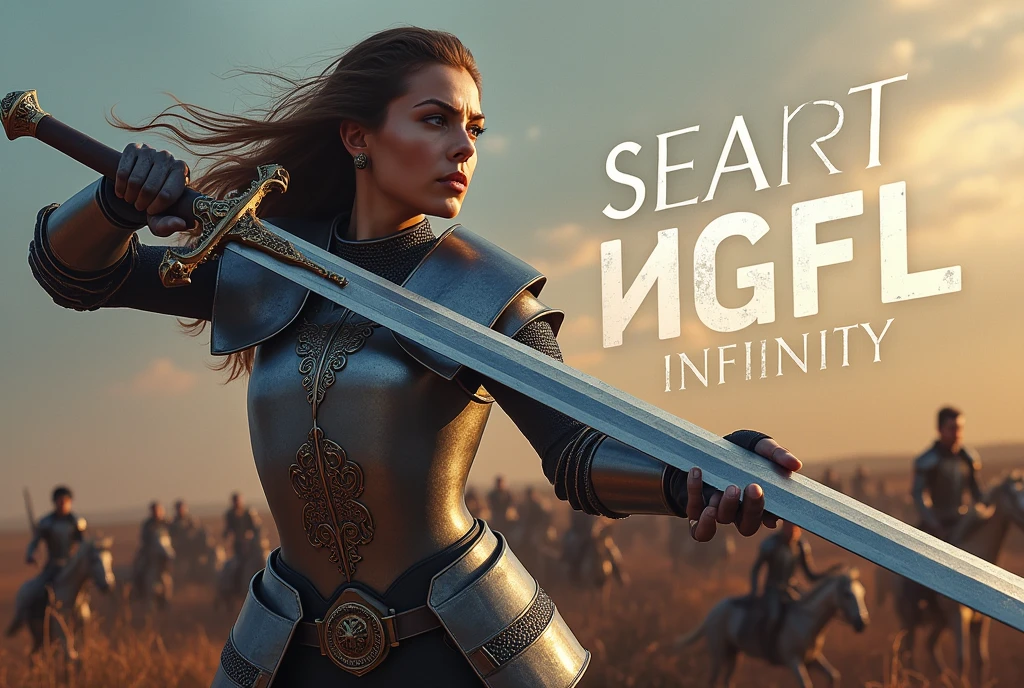 A movie poster depicting a female knight wielding a sword on a battlefield with the words "SeaArt  INFINITY" written in large letters in the center,