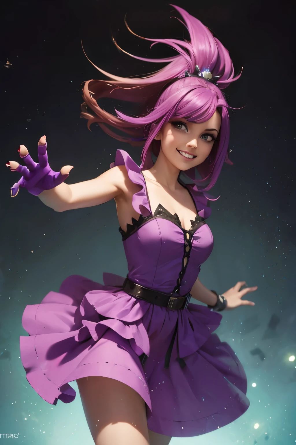 Ghost, (monster girl), purple skin, spikes, spiky purple hair, a fanged grin, floating hands, dressed in a dark-purple dress, floating in midair, masterpiece, best quality