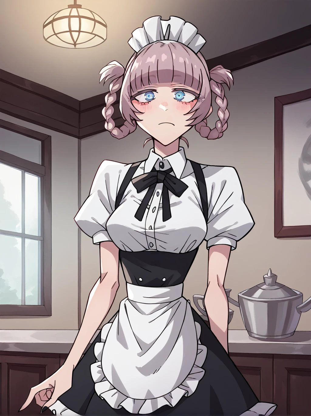 score_9, score_8_up, score_7_up, score_6_up, source_anime, 1girl, nazunaxl, maid, maid headdress, blue eyes, apron, hair rings, short sleeves, shirt, white shirt, braided hair rings, puffy sleeves, enmaided, waist apron,puffy short sleeves, white apron, black ribbon, short hair, blunt bangs, maid apron, skirt, ringed eyes, black skirt, collared shirt