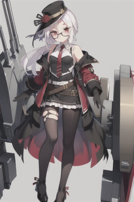 , masterpiece, Highest Quality, Highest Resolution, perfect background, perfect perspective, sharp image, perfect details, perfect lighting, perfect shadows, Perfect lighting, Best background, AG Atlas, 1girl, solo, long hair, red eyes, gloves, hat, hair between eyes, very long hair, white hair, pantyhose, boots, black gloves, uniform, coat, black pantyhose, military, black headwear, military uniform, capelet, peaked cap, military hat, black capelet, petite, small breasts, adult, behind view, butt, thighs, from behind,