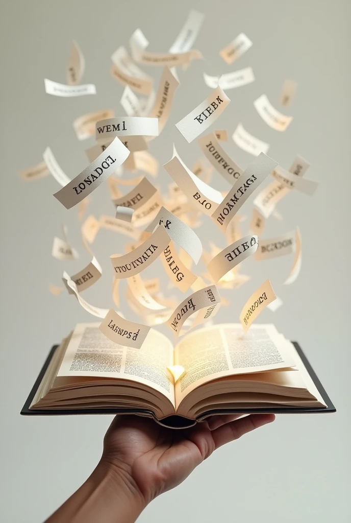 Image of an open book, with several pages flying around, all containing loose and free words, without chains or restrictions. No fundo, a hand extended towards the book, symbolizing the fight for freedom of expression and the dissemination of knowledge through words.