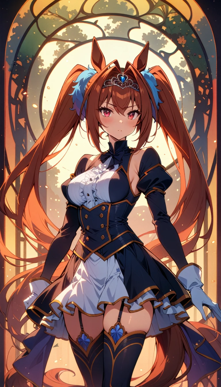((best quality)) , ((masterpiece)) , (detailed),daiwa scarlet (umamusume), umamusume, 1girl, solo, long hair, looking at viewer, brown hair, red eyes, thighhighs, gloves, animal ears, twintails, very long hair, tail, outdoors, sky, hair intakes, horse ears, tiara, horse girl, horse tail，(((art nouveau style ， decorative, curvilinear forms, nature-inspired, detailed)))