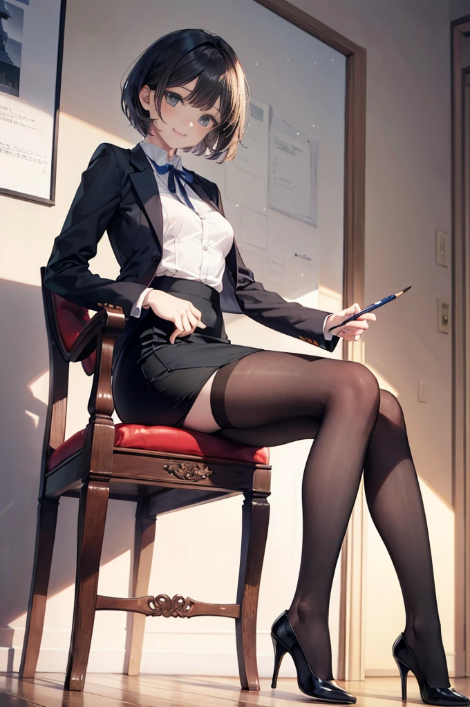 (masterpiece), 4K,woman,I have a pen,長袖を着たwoman医師,Small breasts,Small Ass,Bobcut,Light bulb lighting,Realistic, skinny, Amis Stockings,smile,Sit in a luxurious chair,((Knee-length pencil skirt)),