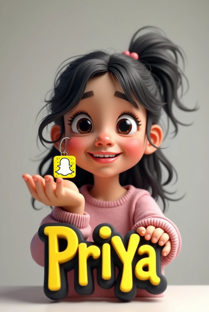 (2) - Girls " 3D caricature of a girl, key chain in the palm of the hand. High-quality realistic photo, and there is the name "priya " in 3D letter style, embossed and realistic, in black yellow, indium white and black, below the Snapchat logo