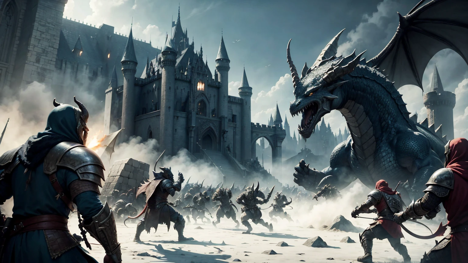 huge dragonborn army atacking a castle