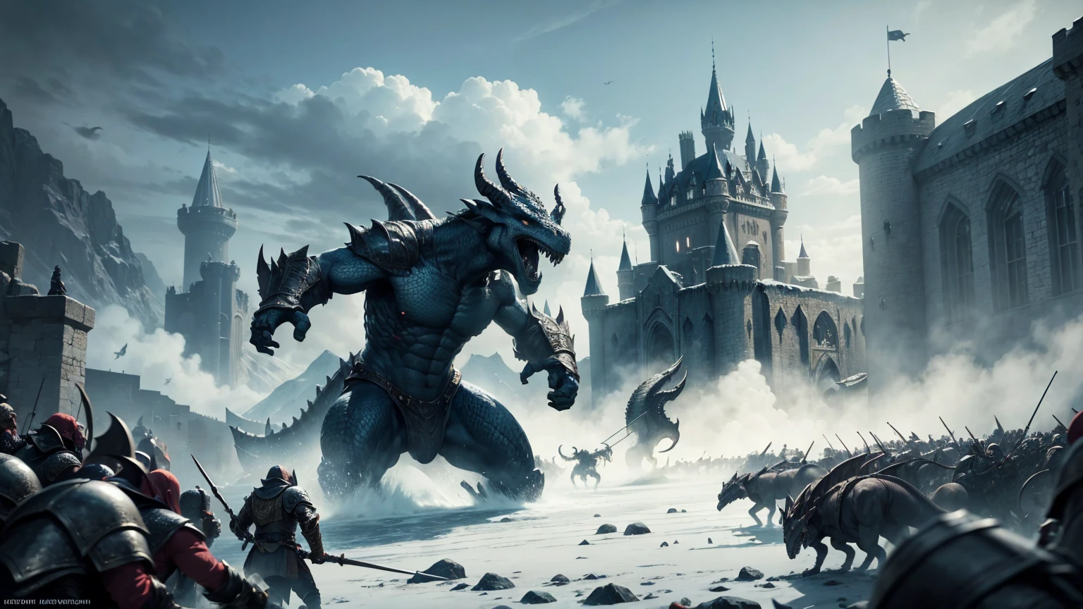 huge dragonborn army atacking a castle