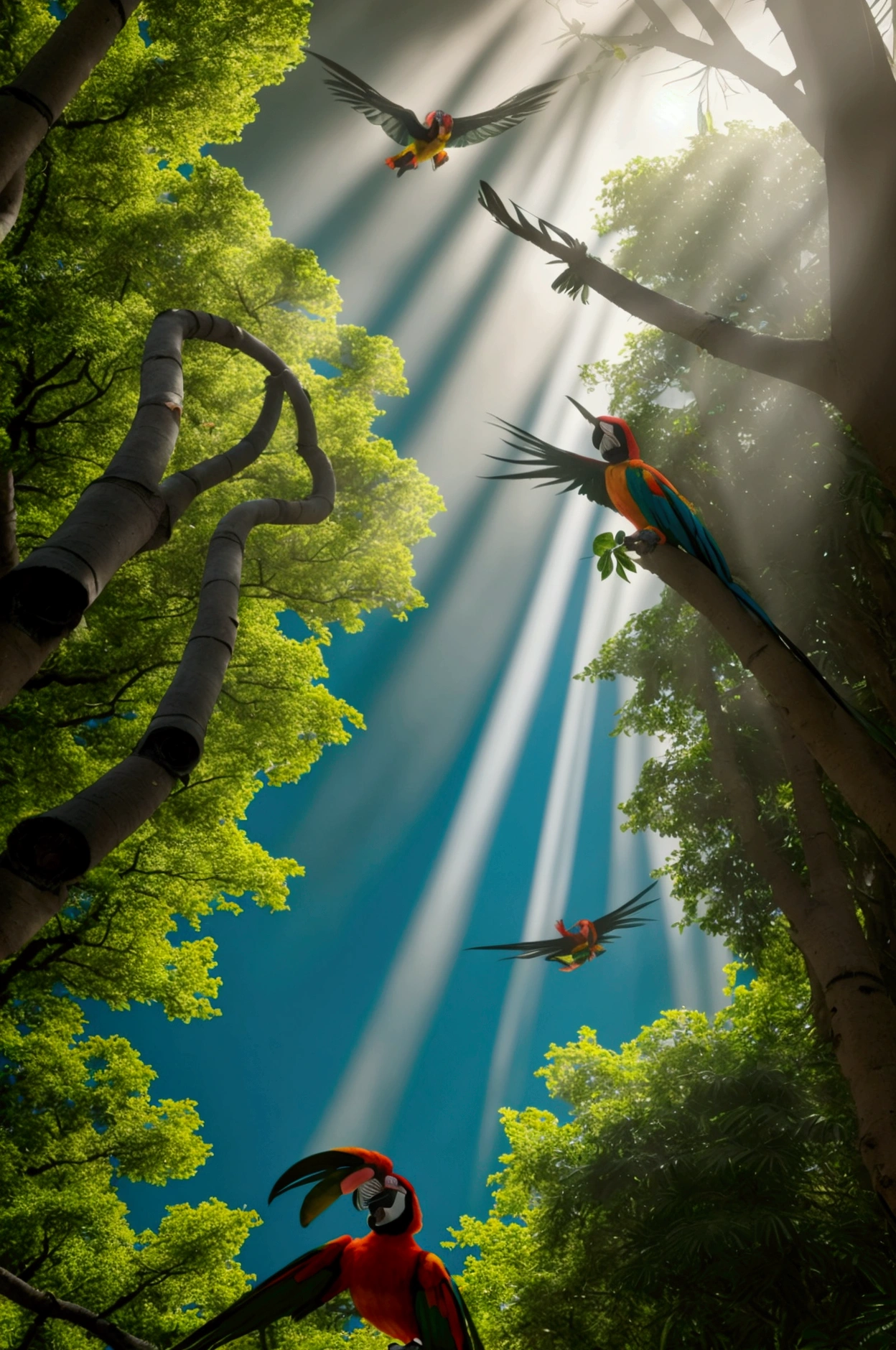 best qualityer, master part, ultra-high resolution, (photography realistic:1.4), Surrealism, dream-like,fusionart, forest magic, Controlled by fauna and flora, stealth, shadow step, (A pair of macaws fly over the scene). image ultra realistic , 4K quality