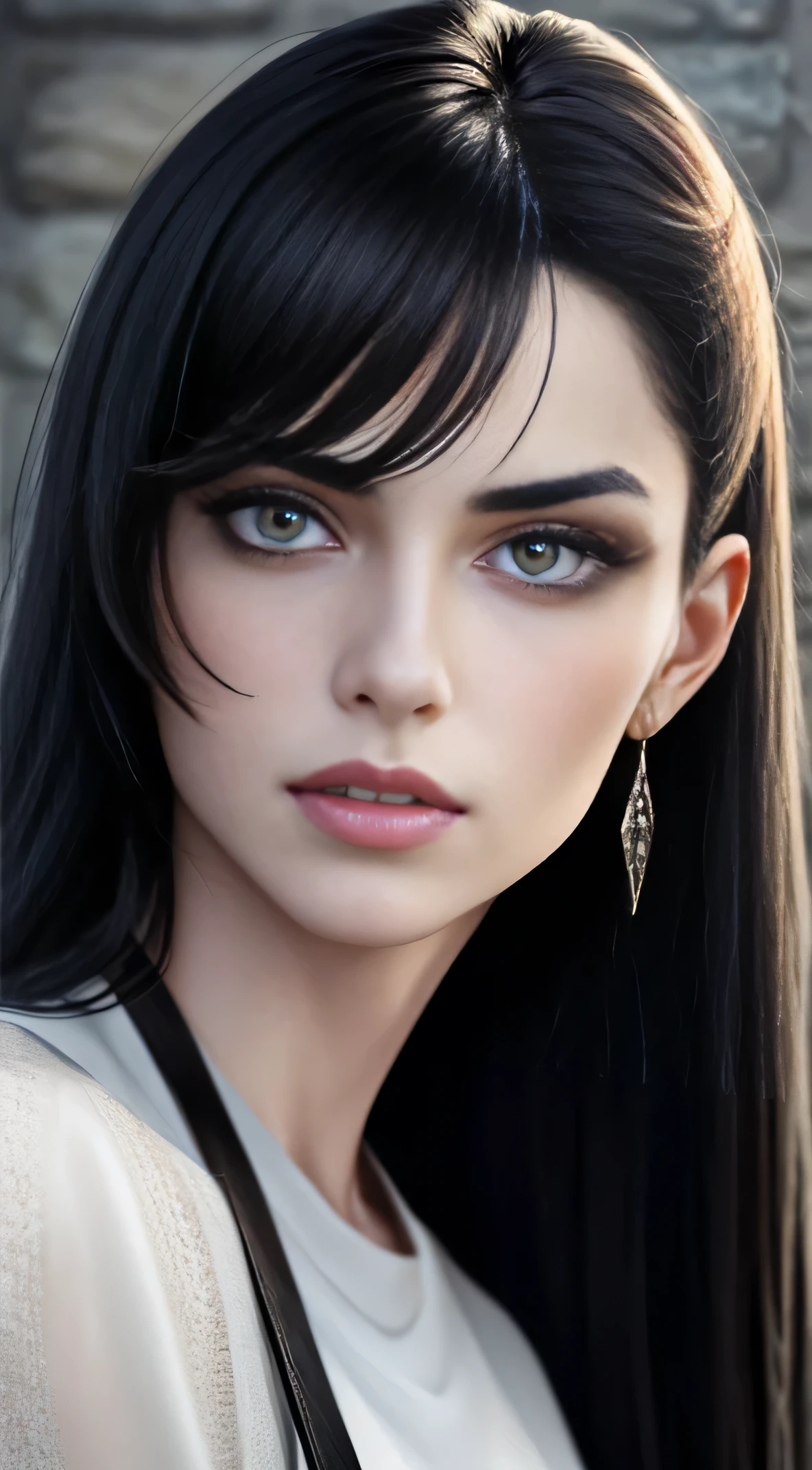 (Concept Art), masterpiece, Highest quality, Realistic, 8K RAW Photos, Tarot Card Style, Absurd iris texture, Accurate anatomy, Facing the audience, Cowboy Shot, (Realistic:1.5) , Perfect body, Alluring face、Beautiful Face,Perfect Face, 19 years old、((Kadoma Daioh))、美juvenile、Mature face、Very large eyes、Wide-set eyes,A tough climb、((Close-up of face))、Three white eyes、Michael Jackson style、Sharp Eye、Very wide eyes、White skin and black hair、((neutral))、Long Hair、Center parted hair、Disheveled Hair、Bangs hide the right eye、black eye,Long black hair, Edge lighting,、Slender body、juvenile、Dark fantasy