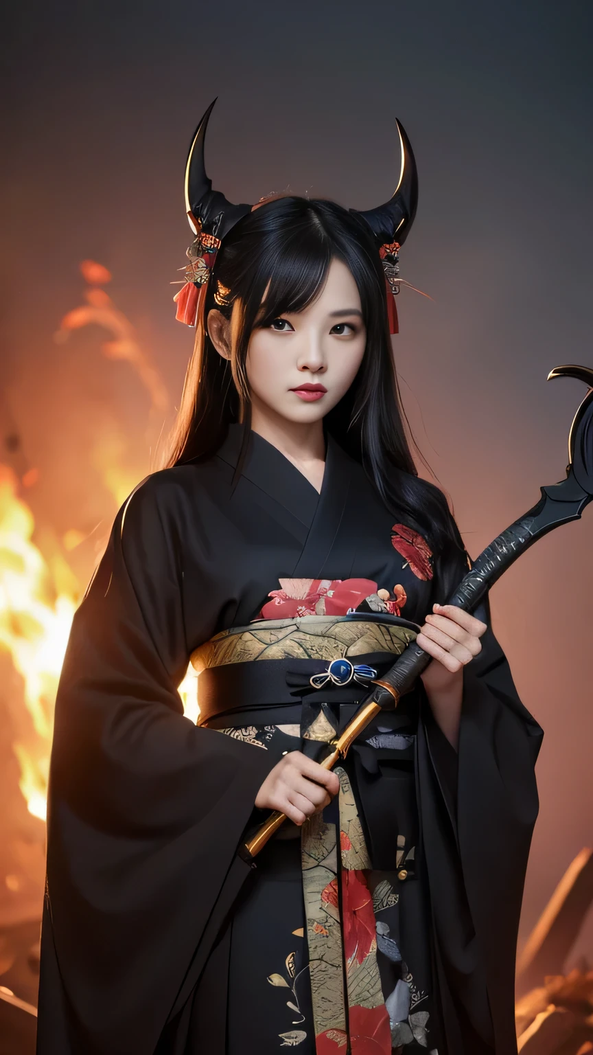 (Cute girl)(Kimono)female, Holding a black sickle emblazoned with a symbol of Japan signifying death, Black flames emerge from the decoration., The sickle blade comes out of it.、A black wind blows with the ghost of a skull, Judy female with perfect face and scythe is wearing the appropriate outfit of scythe steel, The female has black hair, The woman is the incarnation of the Grim Reaper., (The background of the CG 8k module is very detailed) (Highest quality), (Best illustrations), (Best shade), Very detailed t--v6