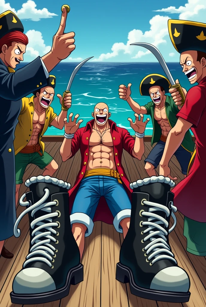 Draw a picture of the pirates letting a Nazi walk the plank. The combat boots should have white laces and should be on the front of the boots, not behind! Das ganze im One Piece Anime Style, the pirates are said to be drunk and have sabres and rum bottles in their hands. The Nazi is said to have a bald head